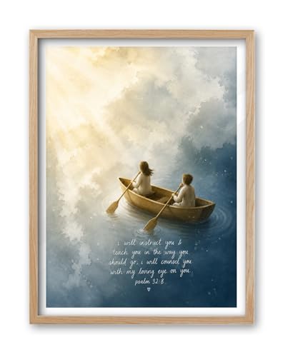 iHery 16x20in Psalm 32:8 Children on a Boat Framed Christian Wall Art - color: Beige Framed Boat, size: 20"L x 16"W