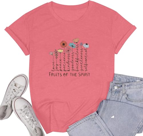 Women's Christian Shirt Fruit of The Holy Spirit Flower T-Shirt Inspirational Bible Text Top - color: Z-q6013-pink, size: Small