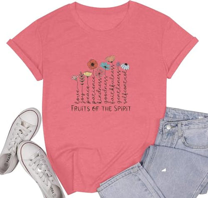 Women's Christian Shirt Fruit of The Holy Spirit Flower T-Shirt Inspirational Bible Text Top - color: Z-q6013-pink, size: Large