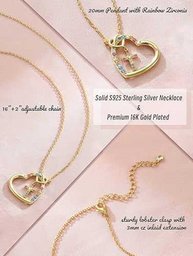 S925 Sterling Silver Cross Necklace for Girls, Baptism First Communion Confirmation Gifts, Pearl Heart Pendant Necklaces, Back to School Graduation Easter Birthday Faith Gift Age: Over 8 Years Old - style: Heart Rainbow CZ
