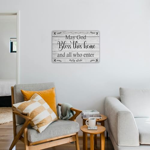 May God Bless This Home Wall Decor – Blessed Tin Sign for Christian Decoration – Rustic Family Welcome Sign for Front Door or Kitchen – Vintage Housewarming Gift for New Home – 8x12 Inch Metal Wall Art