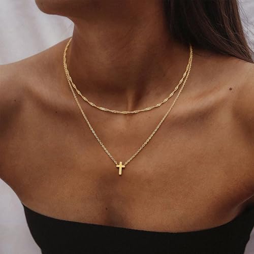Cross Necklace for Women 14K Gold Silver Plated Small Cross Necklace Dainty Cross Pendant Choker Simple Trendy Cute Sideway Cross Charm Chain Necklaces for Women Trendy Christian Baptism Religious Faith Jewelry Gifts - size: Gold-104