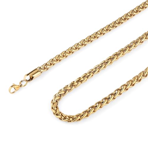 HZMAN Stainless Steel Wheat Chain for Men Women，Waterproof Necklace - color: 4mm Gold, size: 16In