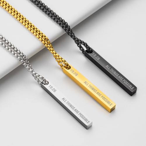 Romass 2Pcs Pendant Necklace for Men,Stainless Steel Silver Black Gold Bible Verse Chains for Men Vertical Bar Pendant Gifts Jewelry Box 16-24 Inches - size: 18 in, style: 2Pcs(silver+black) 1.6 "* 0.2'' pendant