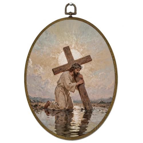 LLOKARNORA Easter Jesus Carrying Cross Oval Canvas Wall Art, Vintage Christian Jesus Framed Wall Art Decor, Rustic Easter Religous Prints Hanging Decor for Living Room Bedroom, 8.7x11.3 Inch - color: vintage easter