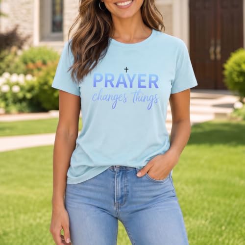 BeWithYou Christian Shirts for Women Religious Faith Jesus God Tshirts Inspirational Bible Verse Cross Graphic Tee Casual Top - color: Light Blue, size: Large