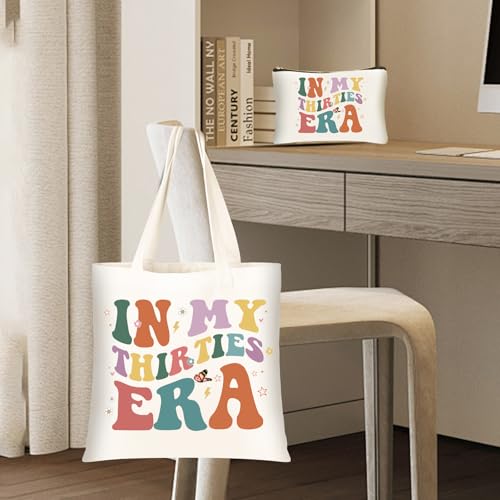 DHQH 30th Birthday Gifts for Women, 1995 Happy 30th Birthday Gifts Ideas for Mom Sister Friend Wife Aunt Daughter Coworker, Canvas Tote Bag with Makeup Bag - style: Baga Thirtis