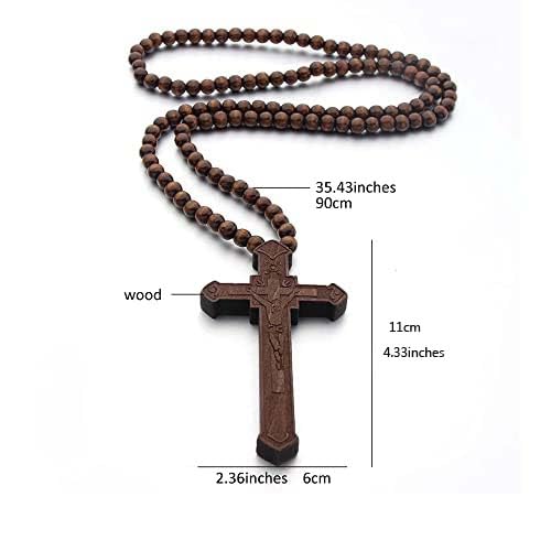 Wooden Cross Necklace For Men Beads Rosary Long Large Natural Wood Jesus Crucifix Cross Pendant Necklace 36inch Chain Religious Christian Prayer Faith Baptism Easter Handmade Jewelry - color: Brown