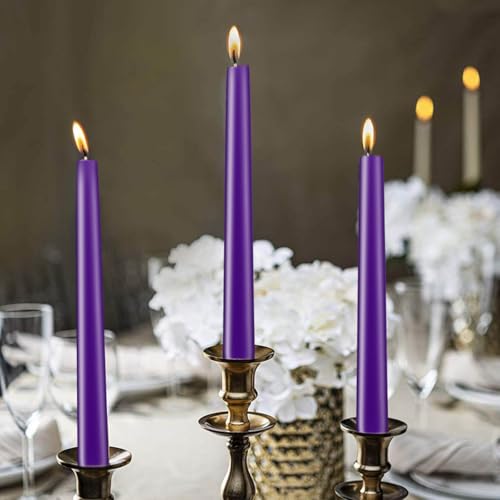 Purple Taper Candles, Set of 24 Unscented and Smokeless 10 Inch Taper Candles Long Burning, Paraffin Wax with Cotton Wicks for Burning Approxinately 7-8 Hours Time