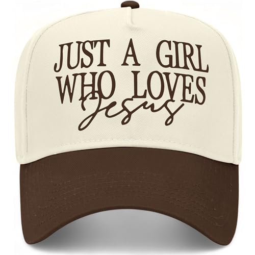 Just A Girl Who Loves Jesus V2 Hat | Premium Adjustable Christian Snapback Baseball Vintage Trucker Hat for Women - color: Brown/Natural