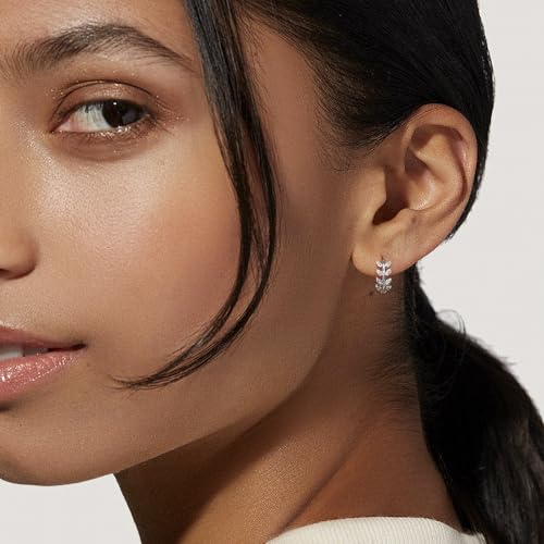 14K Gold Huggie Earrings for Women Silver Huggie Hoop Earrings Cubic Zirconia Huggie Earrings Stud Earrings Lightweight Dainty Hypoallergenic Earrings Jewelry Gifts - color: Silver Olive Leaf CZ Huggie Earrings