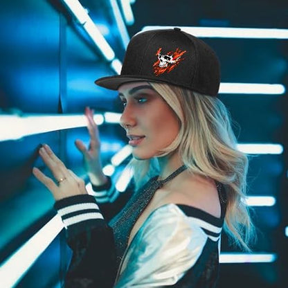 Skull Flat Bill Hats for Men Women Adjustable Dad Trucker Hat Skeleton Snap Backpack Hats for Hip-hop Running Cycling - color: Fire Skeleton