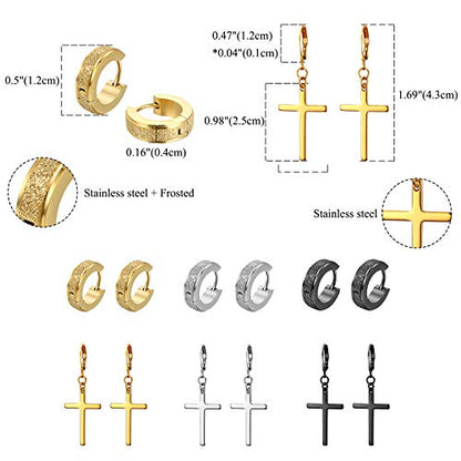 Cupimatch 3-6 Pairs Stainless Steel Cross Dangle Huggie Hinged Hoop Earrings for Men Women (1 Pair Silver Cross) for Mother's Day - color: 3pair-stud