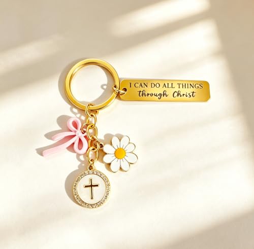 Christian Gifts Inspirational Bible Verse Religious Cross Keychain - color: Gold