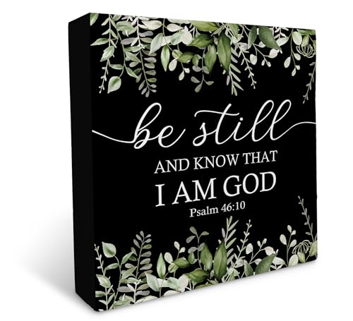 KU-DaYi Black Christian Scripture PSALM 46:10 Be Still and Know that I am God Watercolor Eucalyptus Leaves Wood Box Sign Rustic Farmhouse Style Wood Block Plaque Decor for Home Church Wall Desk Shelf Decoration - color: Black