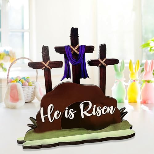 JNYVE Easter Table Decorations for Home: He is Risen Decor Religious Christian Scene Decoration Wooden Cross Tabletop Signs for Home Rustic Farmhouse Spring Decor - style: Modern