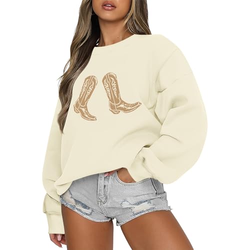 Western Cowgirl Boots Graphic Sweatshirts For Women Country Vintage Hoodies Long Sleeve Cowboy Rodeo Shirts Pullover - color: Apricot, size: Small