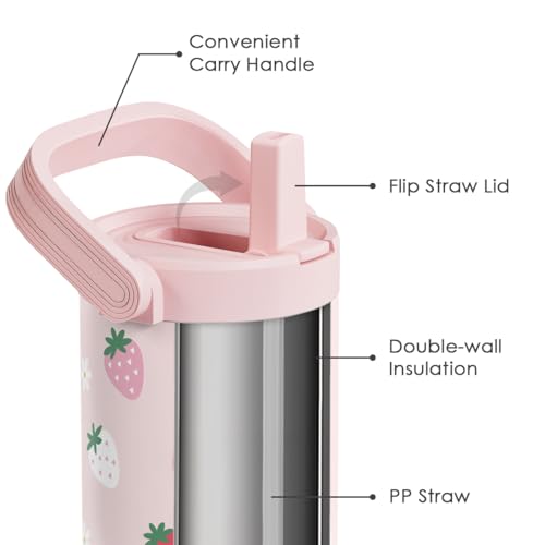 SANDJEST Strawberry Stainless Steel Straw Lid Tumbler 30oz with Carry Handle for Women Girls, Insulated Travel Coffee Cup, Gift for Sports Workout Christmas Birthday - color: Strawberry