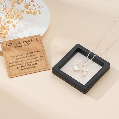 Mustard Seed Cross Necklace for Teen Girls Women, Moving Mountains Faith Christian Religious Birthday Jewelry Gifts - color: Silver