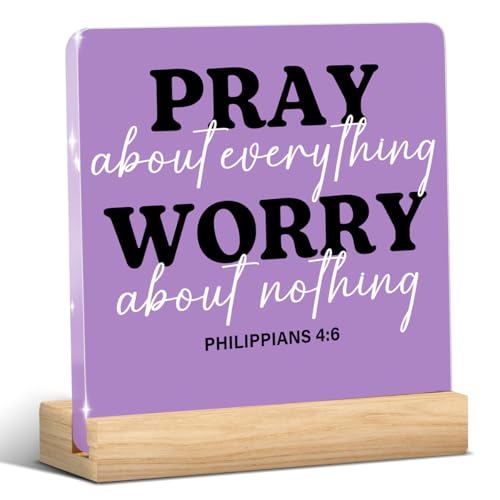 Purple Home Office Decor,Christian Decor,Pray About Everything Worry About Nothing Acrylic Sign Religious Bible Verse Decorations for Home Office Prayer Room Tabletop Shelf - color: PRAY About Everything Worry About Nothing