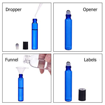 BENECREAT 30 Pack 10ml Coalt Blue Glass Roller Bottles with Stainless Steel Roller Balls, 10 Graduated Transfer Pipette and 4 Funnels for Essential Oils/Other Liquids - color: Blue, size: 10ml