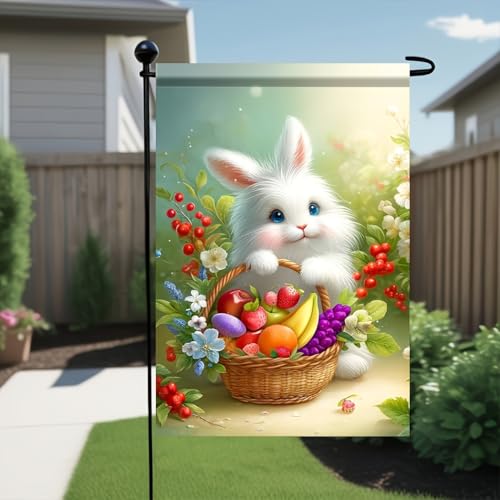 Easter Garden Flag White Bunny Holding Fruit Basket 12x18 Inch Double Sided OutdoolYard Banner for Spring Summer Holiday Decoration Cute Rabbit with Flowers and Fruits GardenDecor - color: Spring Bunny Fruit