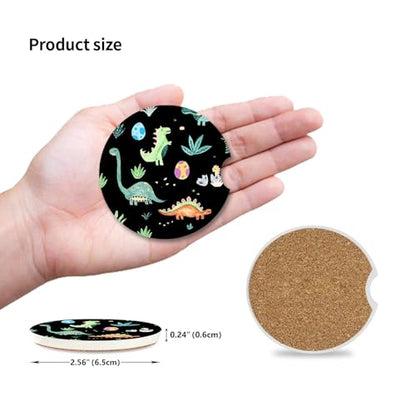 Cute Dinosaur Graffiti Ceramic Cup Holders - Pack of 2, Keep Cup Holders Clean and Dry, Drink Cup Car Holder Coasters with A Finger Notch - color: Dinosaur Graffiti