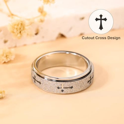 Fidget Toys Adults Spinner Women, Cross Anxiety Relief Stainless Steel Dual Layers Thumb Jewelry Spinning Band Silver Gold Plated Size 6 7 8 9 10 (Silver-Cross, Size 7) - color: Silver-cross, size: Size 7