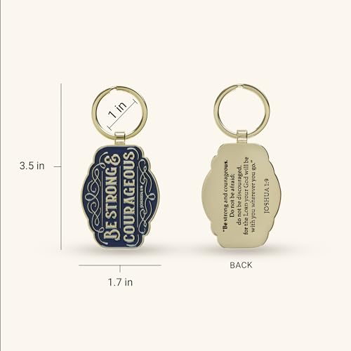 Christian Art Gifts Inspirational Scripture Keychain Accessory for Men & Women: Strong & Courageous Encouraging Bible Verse, Chic, Stylish & Sturdy for Key Rings, Lanyards, Backpacks, Navy Blue & Gold