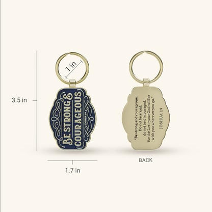 Christian Art Gifts Inspirational Scripture Keychain Accessory for Men & Women: Strong & Courageous Encouraging Bible Verse, Chic, Stylish & Sturdy for Key Rings, Lanyards, Backpacks, Navy Blue & Gold