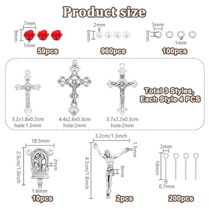PH PandaHall 1343pcs Rosary Jewelry Making Kit, White Pearl Beads Rose Beads Metal Cross Pendants Links Eye Pins Jump Rings for DIY Bracelets Necklaces Jewelry Making Crafting Easter Decor