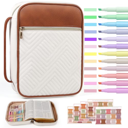 BellaHold Bible Cover Case for Women Quilted Bible Case with Handle Strap - color: White & Brown, size: XL
