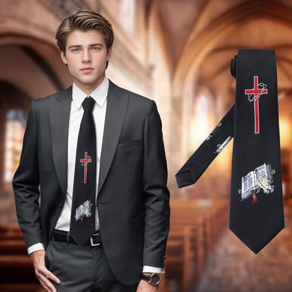 Mens Religious Necktie 3.27" (8.3CM) Christian Cross Jesus Easter Ties - color: Bible - Black