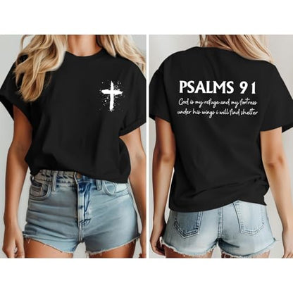 Christian Shirts for Women Psalms 91 Jesus Shirt Religious Faith God Tshirt Bible Verse Inspirational Tees Tops - color: Black, size: Small