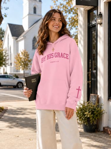 FAYALEQ Christian Sweatshirt By His Grace Letter Print Hoodie Christian Religious Sayings Sweater Bible Pullover Tops - color: Pink, size: X-Large