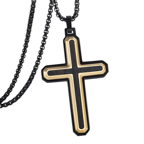 Wooden Cross Necklace for Men With Stainless steel And Black Ebony Adjustable Box Chain 24–26 inches Suitable for Everyday Wear And Christian Gifts for Men - color: Gold-D