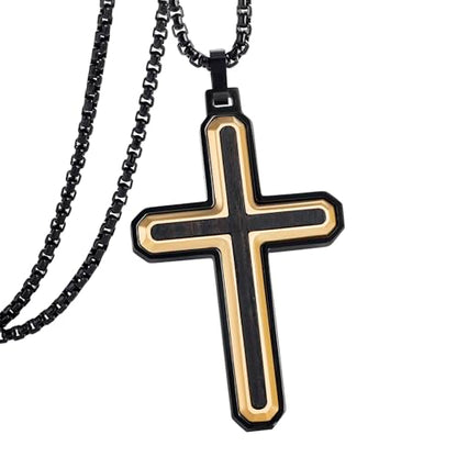 Wooden Cross Necklace for Men With Stainless steel And Black Ebony Adjustable Box Chain 24–26 inches Suitable for Everyday Wear And Christian Gifts for Men - color: Gold-D