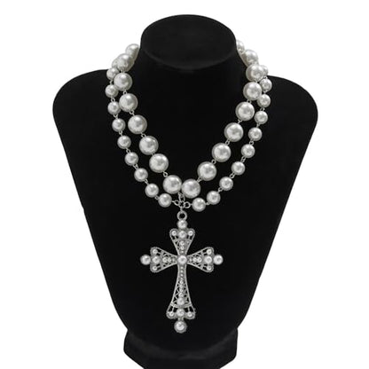 Pearl Cross Necklace Big Cross Pendants Necklaces for Women Chunky Pearl Necklace Gothic Cross Necklace Punk Vintage Cross Jewelry Women - style: Silver 02