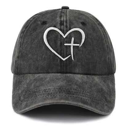Vintage Dad Mom Baseball Cap with Heart Cross, Religious Jesus Hat