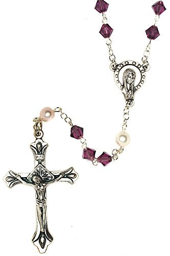 Catholic Prayer Rosary Created with Swarovski® Crystals-Glass-Silver-Gold - color: Amethyst - February - SILVER