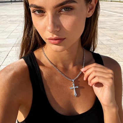 ALEXCRAFT Gold Cross Necklace for Men,14K Gold Plated Cross Pendant Necklace Cuban Chain Stainless Steel Cross Necklace Faith Cross Jewelry Gift Minimalist Trendy Pendant Necklaces - color: Silver