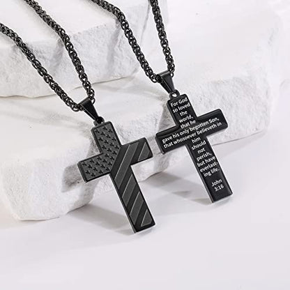 DuoDiner 18+2" Cross Necklace for Men Boys Christian Confirmation Gifts - color: Black, style: John 3:16