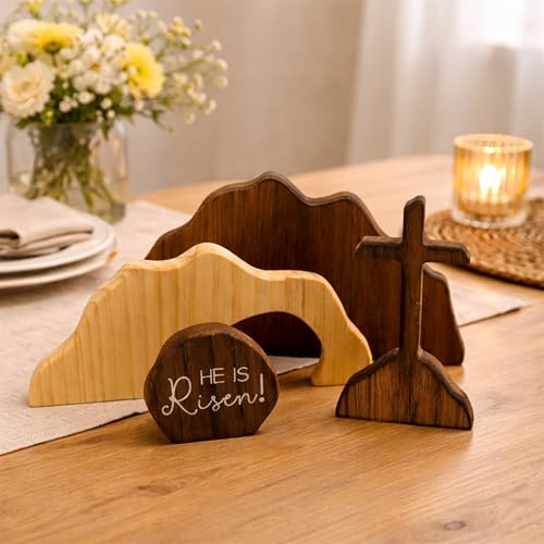 Christian Easter He is Risen Decor, Empty Tomb Cross Easter Decoration for Home, Easter Wooden Resurrection Scene Set Table Mantel Office Kitchen Decor Gift (Brown-4pcs)