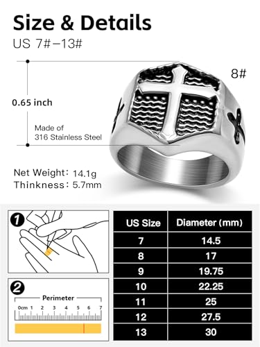 Christian Cross Rings for Men - Stainless Steel Jesus Jewelry with Celtic Knot Sides (Gold/Black/Silver) - Catholic Religious Gift, Size 7-13 - color: A-Silver-Cross