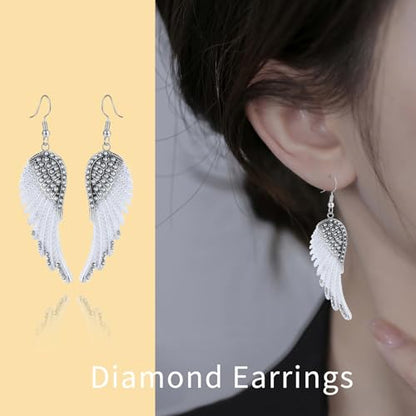 Angel Wings Dangle Earrings for Women Unique Rhinestones Copper Fairy Feather Guardian Dangle Drop Hook Womens Dangling Earrings Silver Plated Jewelry