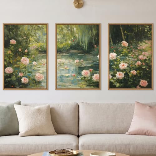 Aryroi Monet Garden Water Lilies Framed Canvas Wall Art Set, Impressionist Pond Pink Floral Wall Decor, Vintage Sage Green Oil Vibrant Flower Botanical Artwork for Living Room, Farmhouse- 24"x36"x3 - color: Monet Rose Garden Wall Art, size: 24"L x 36"W