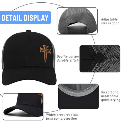 3D Embroidered Christian Hat for Men & Women, Jesus Faith Cross Hat, Religious Gifts for Christians Clothes - color: Leather - Black Silver