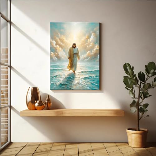 Framed Jesus Walking on blue Water Wall Art Canvas Print Christian Painting Catholic Poster Inspirational Picture for Living Room Bedroom Church Gallery Wall Decor Ready to Hang 12x16In - color: Jesus Walks on Water, size: 12x16 Inches