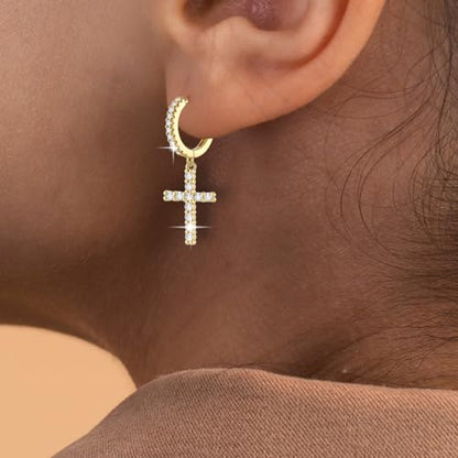 14K Gold Plated Cross Earrings for Women Men, CZ Cross Dangle Earrings Hypoallergenic Jewelry Gift - color: Gold