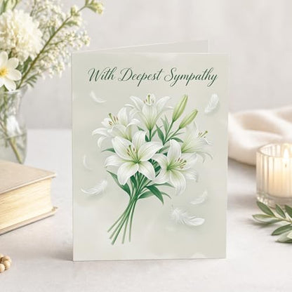 With Deepest Sympathy Card, Single Card – White Lily Bouquet and Feathers on Sage – 5x7 Religious Condolence Card With Envelope for Funeral, Bereavement and Loss - color: With Deepest Sympathy